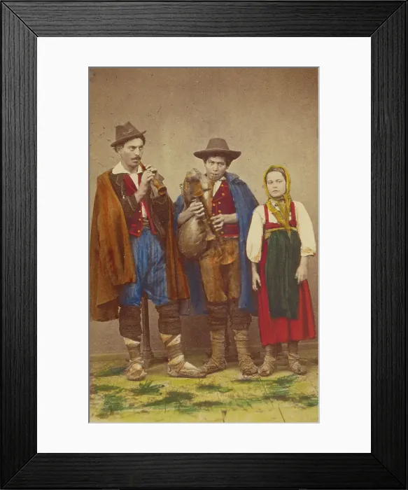 Framed Print : Three Italian peasants standing: two men playing wind instruments, a girl next to them, 1865-1875. Creator: Giorgio Conrad Framed Print : Three Italian peasants standing: two men playing wind instruments, a girl next to them, 1865-1875. Creator: Giorgio Conrad