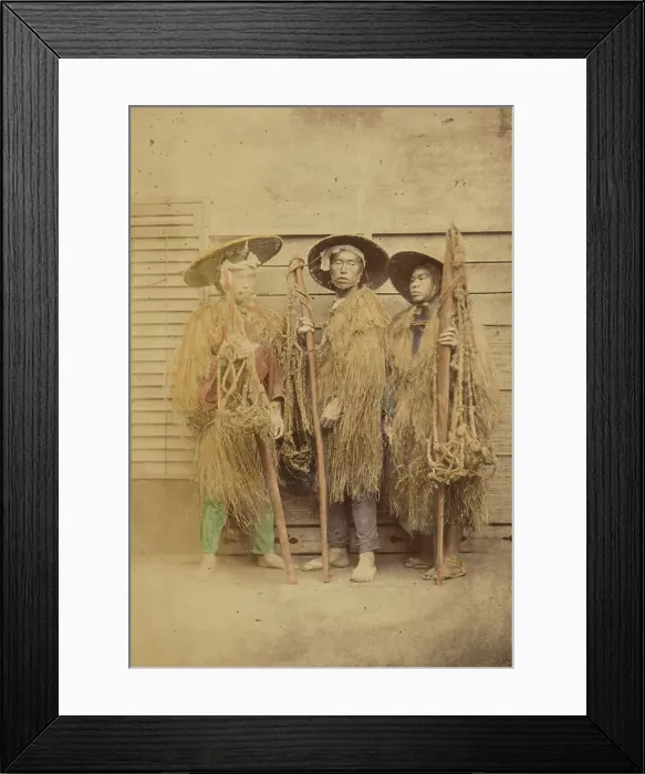 Framed Print : Three Japanese men in grass robes and wide-brimmed hats, 1868-1880. Creator: Felice Beato Framed Print : Three Japanese men in grass robes and wide-brimmed hats, 1868-1880. Creator: Felice Beato