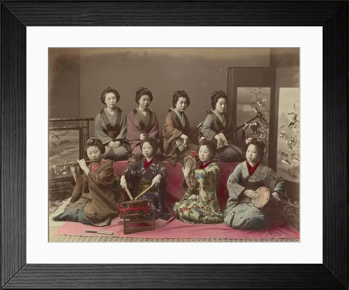 Framed Print : Playing Samisen, Tsudzumi, Fuye and Taiko, 1870s-1890s. Creator: Kusakabe Kimbei Framed Print : Playing Samisen, Tsudzumi, Fuye and Taiko, 1870s-1890s. Creator: Kusakabe Kimbei