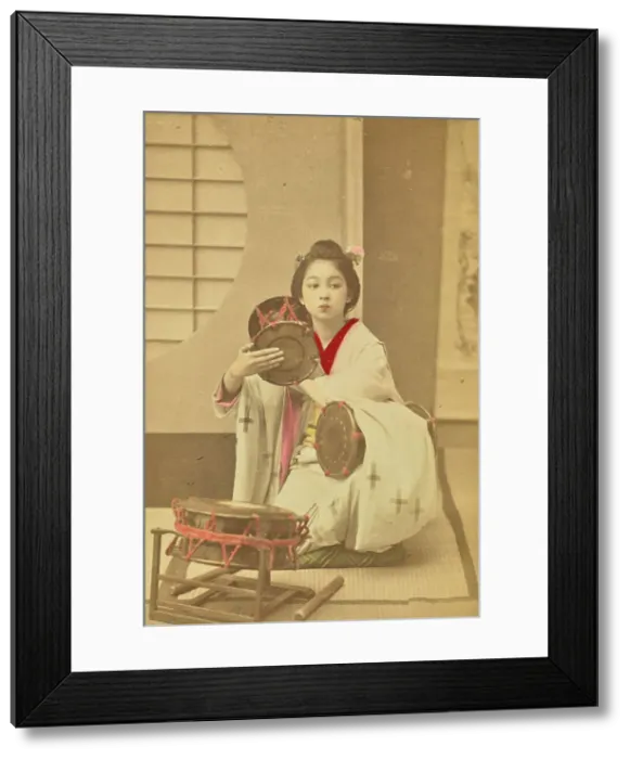 Framed Print : Girl Beating a Tsuzumi, 1897. Creator: Ogawa Kazumasa Framed Print : Girl Beating a Tsuzumi, 1897. Creator: Ogawa Kazumasa