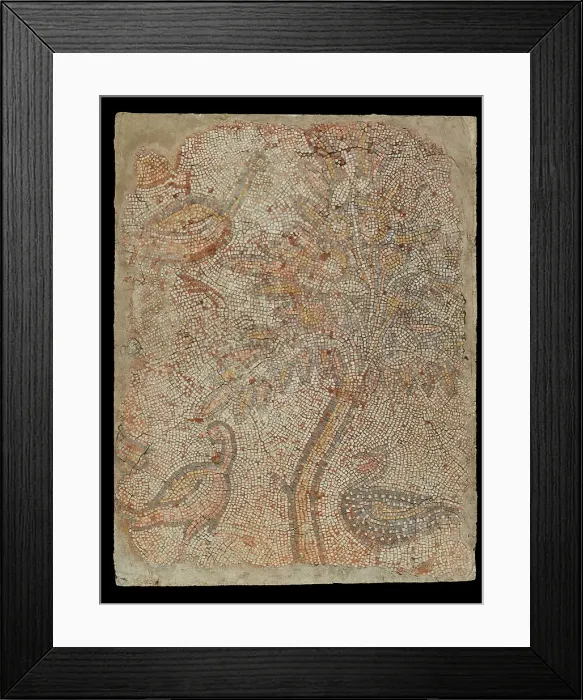 Framed Print : Mosaic Fragment with Three Birds and a Tree, 5th-6th century. Creator: Unknown Framed Print : Mosaic Fragment with Three Birds and a Tree, 5th-6th century. Creator: Unknown