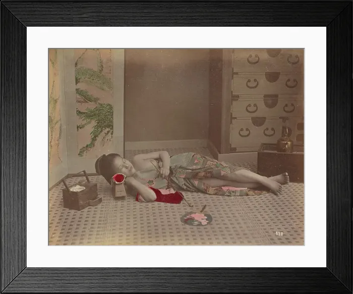 Framed Print : Woman Reclining with Pipe, 1870s-1890s. Creator: Kusakabe Kimbei Framed Print : Woman Reclining with Pipe, 1870s-1890s. Creator: Kusakabe Kimbei