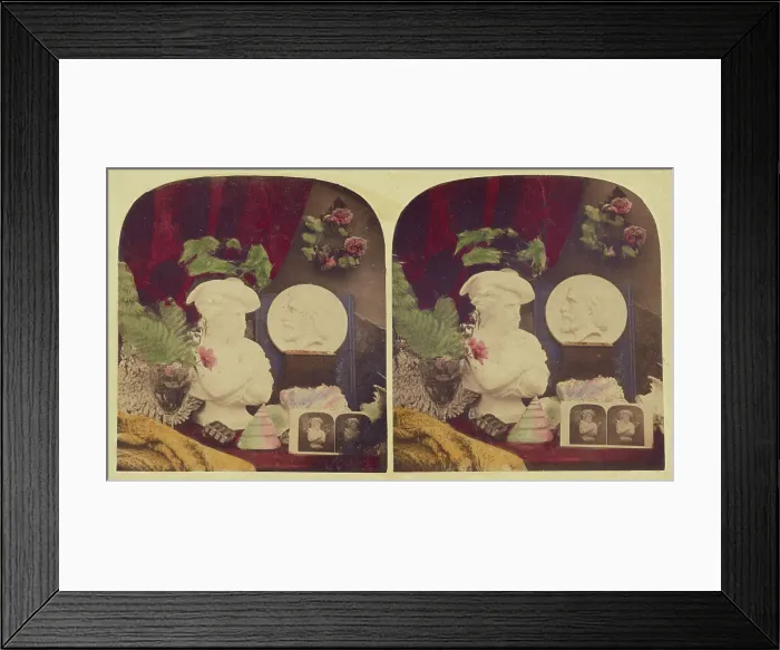 Framed Print : Still life of a bust, stereograph, flowers, and a medallion of Giuseppe (?), about 1860. Creator: Unknown Framed Print : Still life of a bust, stereograph, flowers, and a medallion of Giuseppe (?), about 1860. Creator: Unknown