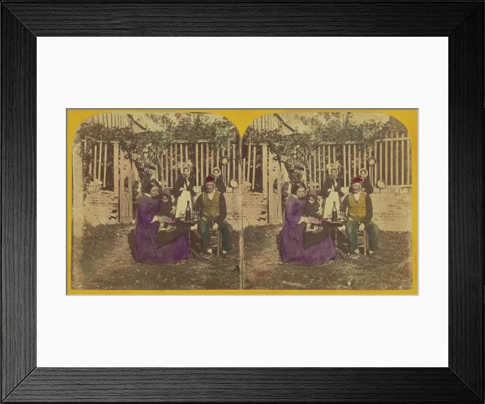 Framed Print : Genre scene: family seated outside around a table with glasses and a bottle of wine, about 1860. Creator: London Stereoscopic & Photographic Co Framed Print : Genre scene: family seated outside around a table with glasses and a bottle of wine, about 1860. Creator: London Stereoscopic & Photographic Co