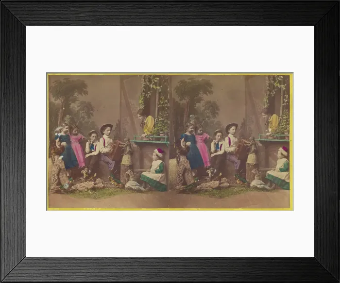 Framed Print : Group of children in native costume posed in a studio, one boy is playing an accordion...about 1870. Creator: Pauly Sisters Framed Print : Group of children in native costume posed in a studio, one boy is playing an accordion...about 1870. Creator: Pauly Sisters