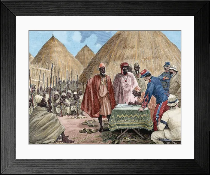 Framed Print : Signing a treaty between French colonists and the heads of the Kingdom of Tamisso, Africa, 1892. Creator: Unknown Framed Print : Signing a treaty between French colonists and the heads of the Kingdom of Tamisso, Africa, 1892. Creator: Unknown