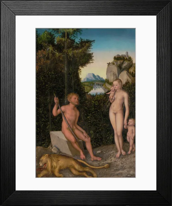 Framed Print : A Faun and His Family with a Slain Lion, about 1526. Creator: Lucas Cranach the Elder Framed Print : A Faun and His Family with a Slain Lion, about 1526. Creator: Lucas Cranach the Elder