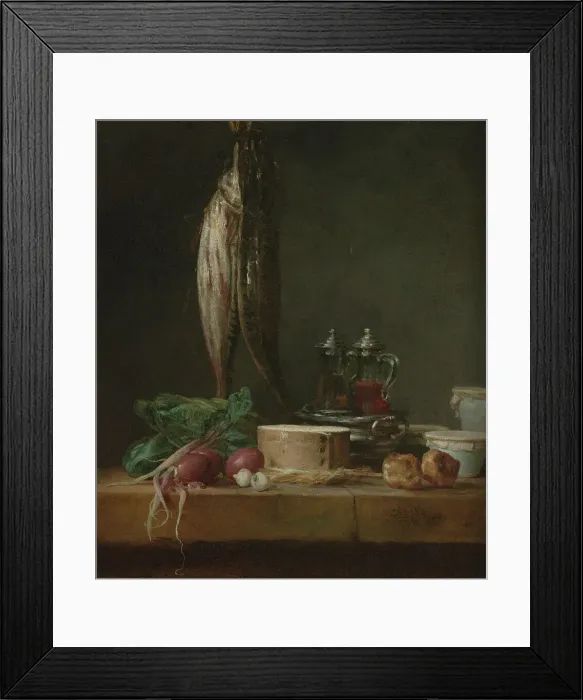 Framed Print : Still Life with Fish, Vegetables, Gougeres, Pots, and Cruets on a Table, 1769. Creator: Jean-Simeon Chardin Framed Print : Still Life with Fish, Vegetables, Gougeres, Pots, and Cruets on a Table, 1769. Creator: Jean-Simeon Chardin