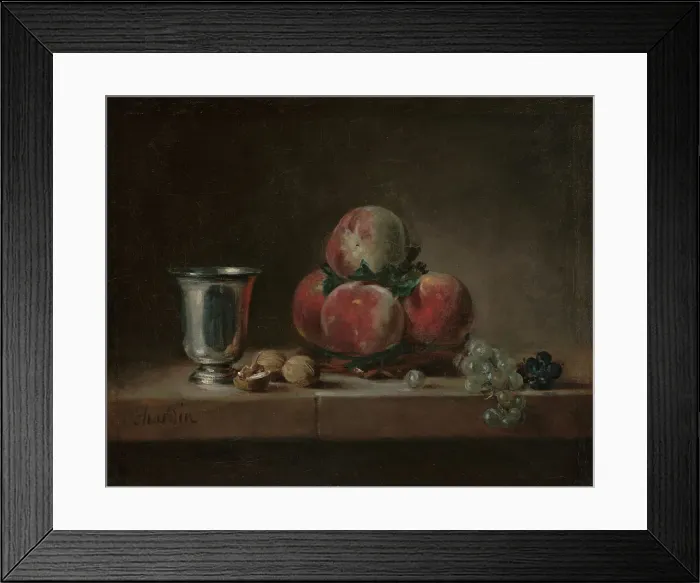 Framed Print : Still Life with Peaches, a Silver Goblet, Grapes, and Walnuts, about 1759-1760. Creator: Jean-Simeon Chardin Framed Print : Still Life with Peaches, a Silver Goblet, Grapes, and Walnuts, about 1759-1760. Creator: Jean-Simeon Chardin