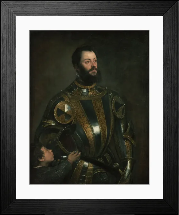 Framed Print : Portrait of Alfonso d'Avalos, Marchese del Vasto, in Armor with a Page, probably Jan-Feb 1533. Creator: Titian Framed Print : Portrait of Alfonso d'Avalos, Marchese del Vasto, in Armor with a Page, probably Jan-Feb 1533. Creator: Titian