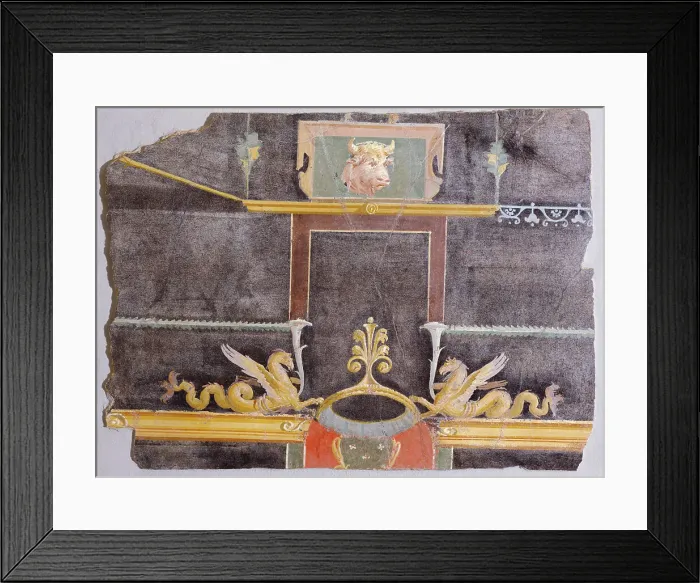 Framed Print : Wall Fragment with Bull's Head and Winged Sea Monsters on Black Ground, A.D. 50-79. Creator: Unknown Framed Print : Wall Fragment with Bull's Head and Winged Sea Monsters on Black Ground, A.D. 50-79. Creator: Unknown