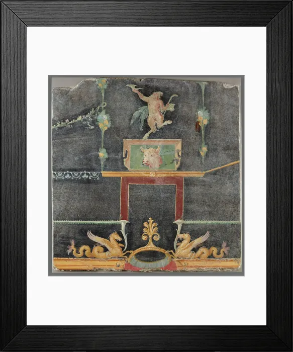 Framed Print : Wall Fragment with Dancing Satyr, Hippocamps, and other Decorative Motifs on Black Ground, AD 50-79. Creator: Unknown Framed Print : Wall Fragment with Dancing Satyr, Hippocamps, and other Decorative Motifs on Black Ground, AD 50-79. Creator: Unknown