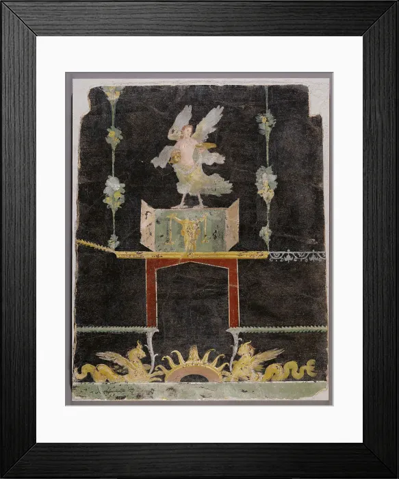 Framed Print : Wall fragment with Siren, Sea Monsters and Niche on Black Ground, A.D. 50-79. Creator: Unknown Framed Print : Wall fragment with Siren, Sea Monsters and Niche on Black Ground, A.D. 50-79. Creator: Unknown