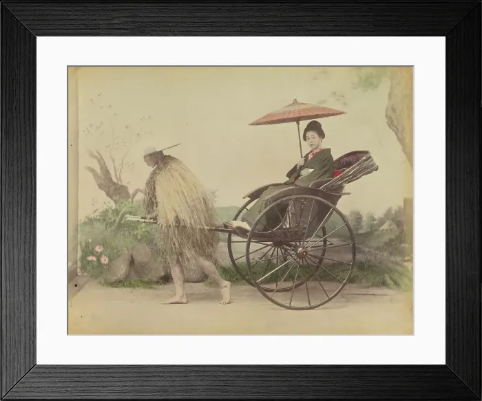 Framed Print : Woman with Parasol Posed Being Pulled in a Jinrikisha by a Man Wearing a Straw Rain Coat, 1870s-1890s Creator: Kusakabe Kimbei Framed Print : Woman with Parasol Posed Being Pulled in a Jinrikisha by a Man Wearing a Straw Rain Coat, 1870s-1890s Creator: Kusakabe Kimbei