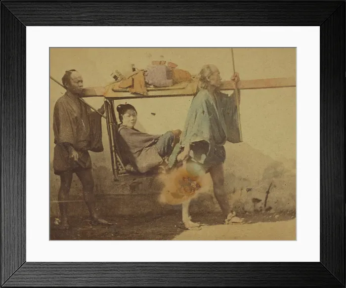 Framed Print : Japanese woman in a sedan, being carried by two men, 1865-1875. Creator: Unknown Framed Print : Japanese woman in a sedan, being carried by two men, 1865-1875. Creator: Unknown
