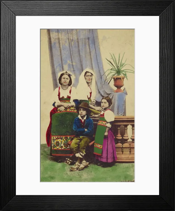 Framed Print : Cociare two unidentified women seated next to a boy seated and a girl standing, all... 1863-1864. Creator: Antonio Mariannecci Framed Print : Cociare two unidentified women seated next to a boy seated and a girl standing, all... 1863-1864. Creator: Antonio Mariannecci