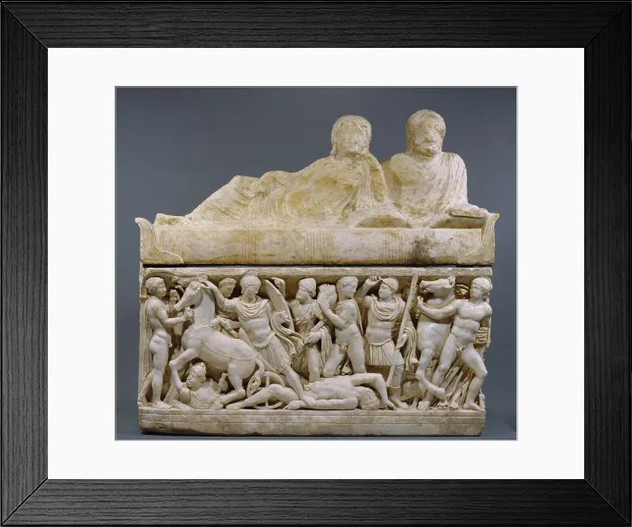 Framed Print : Sarcophagus with lid and 4 unjoined fragments, A.D. 180-220. Creator: Unknown Framed Print : Sarcophagus with lid and 4 unjoined fragments, A.D. 180-220. Creator: Unknown