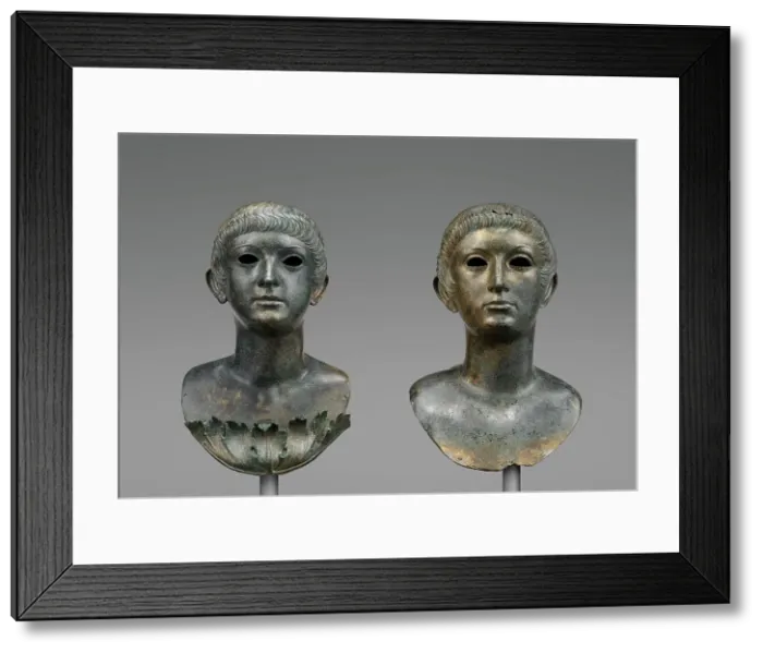 Framed Print : Pair of Portrait Busts of Youths and an Unrelated Pair of Marble Eyes, A.D. 60-70. Creator: Unknown Framed Print : Pair of Portrait Busts of Youths and an Unrelated Pair of Marble Eyes, A.D. 60-70. Creator: Unknown