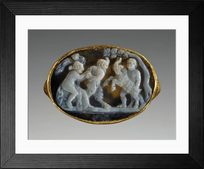 Framed Print : Cameo with Pan, a Maenad, a Satyr and a Goat inset Into a Ring, 25-1 B.C. Creator: Unknown Framed Print : Cameo with Pan, a Maenad, a Satyr and a Goat inset Into a Ring, 25-1 B.C. Creator: Unknown