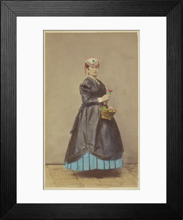Framed Print : Unidentified woman wearing a flowered hat, holding single flower in one hand, basket of...1862-1865. Creator: Carlo Ponti Framed Print : Unidentified woman wearing a flowered hat, holding single flower in one hand, basket of...1862-1865. Creator: Carlo Ponti