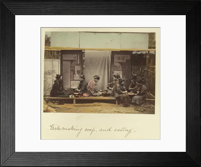 Framed Print : Girls making soap, and eating, about 1873-1883. Creator: Shinichi Suzuki I Framed Print : Girls making soap, and eating, about 1873-1883. Creator: Shinichi Suzuki I