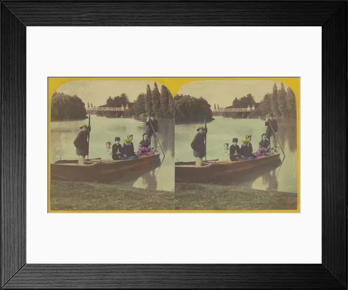 Framed Print : Family in rowboat on river, two rowers with them, about 1855-1860. Creator: Unknown Framed Print : Family in rowboat on river, two rowers with them, about 1855-1860. Creator: Unknown