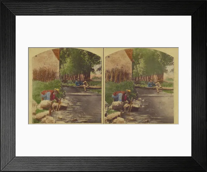 Framed Print : Men at stream fishing, about 1860. Creator: Unknown Framed Print : Men at stream fishing, about 1860. Creator: Unknown