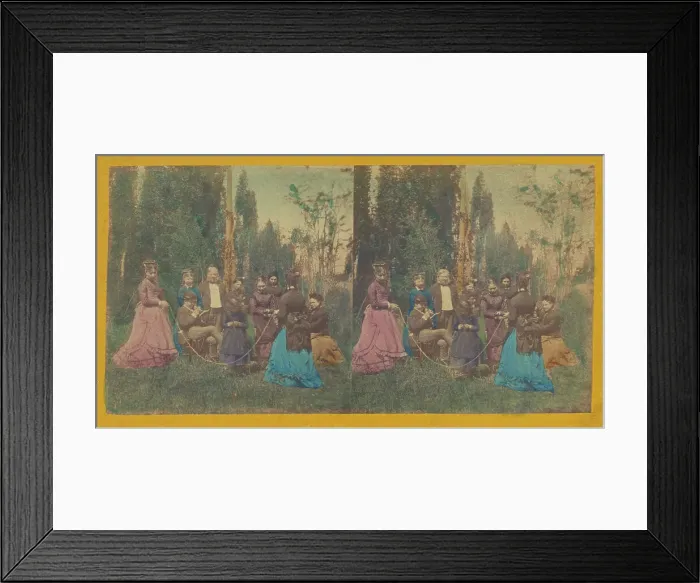 Framed Print : Two women twirling a rope for a child, others observing, about 1860. Creator: Unknown Framed Print : Two women twirling a rope for a child, others observing, about 1860. Creator: Unknown