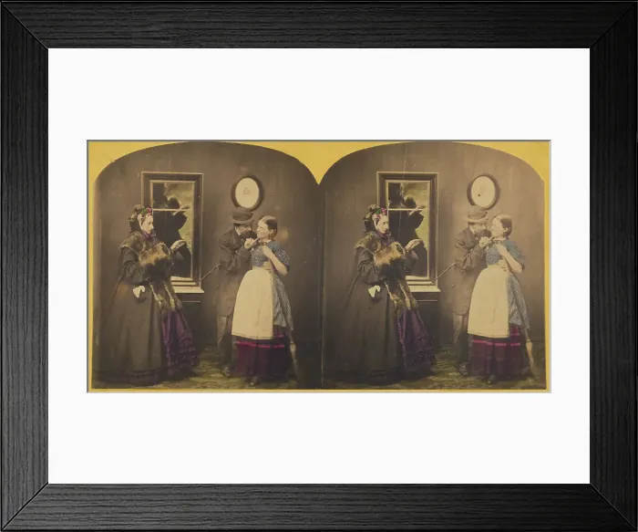 Framed Print : Genre: man touching woman under the chin, another woman observing, about 1860. Creator: Unknown