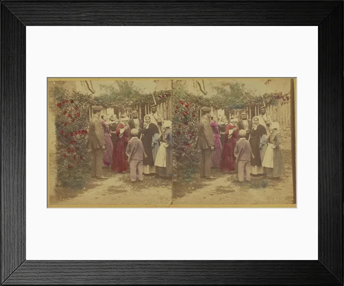 Framed Print : Group of people playing a game in the garden, one woman is blindfolded, about 1865. Creator: Unknown Framed Print : Group of people playing a game in the garden, one woman is blindfolded, about 1865. Creator: Unknown