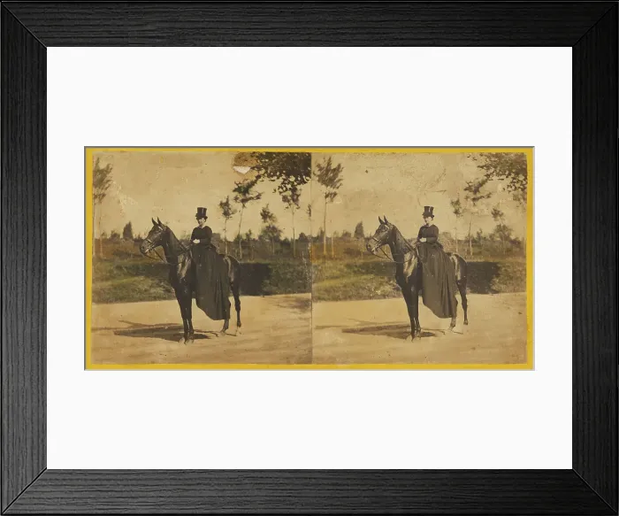 Framed Print : Woman with top hat on horseback, about 1860. Creator: Unknown Framed Print : Woman with top hat on horseback, about 1860. Creator: Unknown