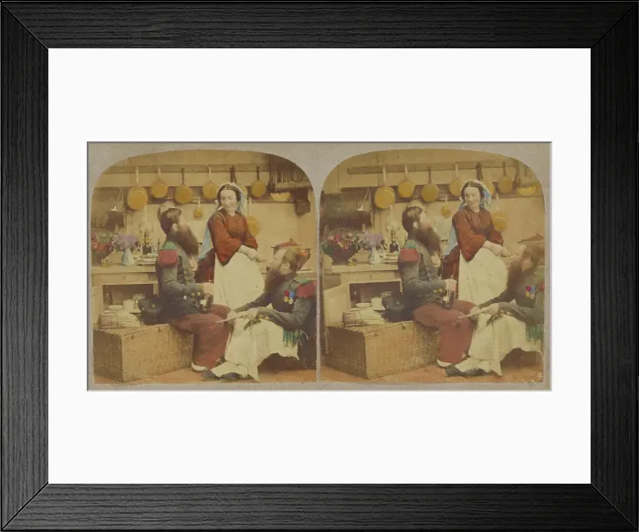 Framed Print : Two bearded men in a kitchen, with a woman who is probably the cook, about 1860. Creator: Unknown Framed Print : Two bearded men in a kitchen, with a woman who is probably the cook, about 1860. Creator: Unknown