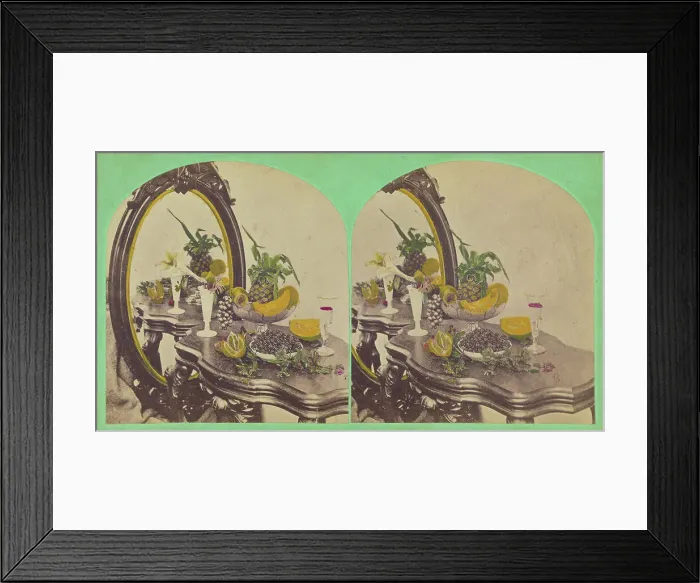 Framed Print : Still life of fruits on a table with mirror, about 1865. Creator: Unknown Framed Print : Still life of fruits on a table with mirror, about 1865. Creator: Unknown