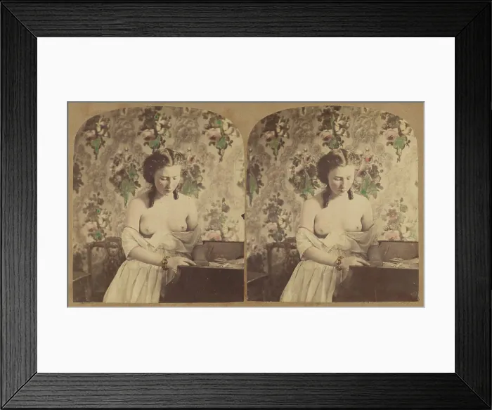 Framed Print : Bare-breasted woman looking down, about 1870. Creator: Unknown Framed Print : Bare-breasted woman looking down, about 1870. Creator: Unknown