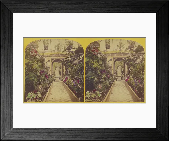Framed Print : Greenhouse with sculpture at entrance, about 1865. Creator: Unknown Framed Print : Greenhouse with sculpture at entrance, about 1865. Creator: Unknown