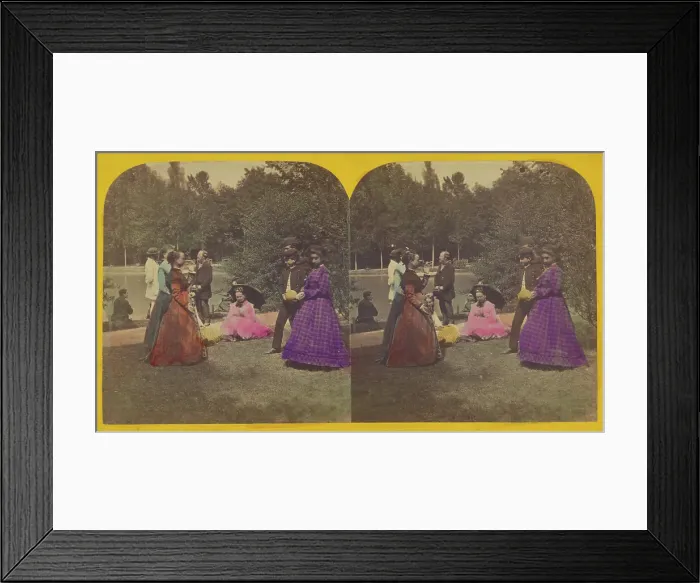 Framed Print : Group of people at a park with a lake, about 1870. Creator: Unknown Framed Print : Group of people at a park with a lake, about 1870. Creator: Unknown