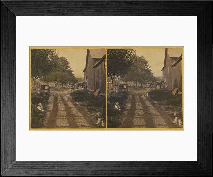 Framed Print : Country road with barn, dogs and cats about, about 1865. Creator: Unknown Framed Print : Country road with barn, dogs and cats about, about 1865. Creator: Unknown