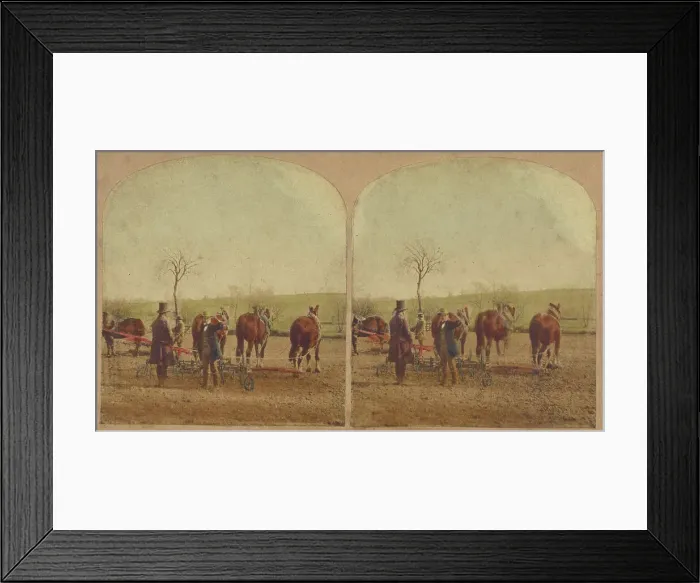 Framed Print : Two men in field with an agricultural machine hooked up to a team of horses, about 1865. Creator: Unknown Framed Print : Two men in field with an agricultural machine hooked up to a team of horses, about 1865. Creator: Unknown