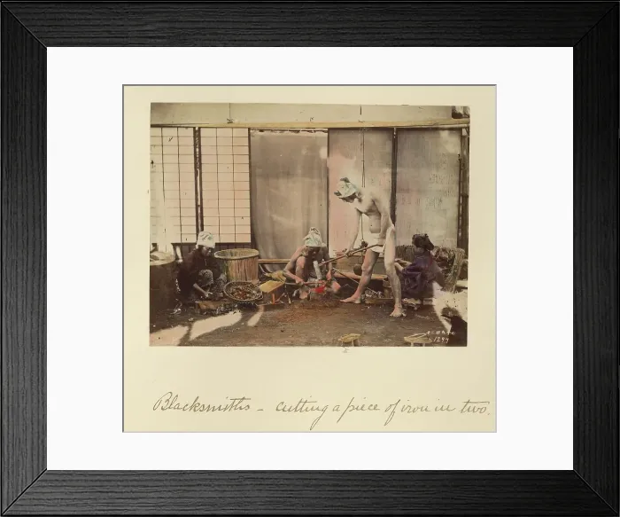 Framed Print : Blacksmiths - Cutting a Piece of Iron in Two, about 1873-1883. Creator: Shinichi Suzuki I Framed Print : Blacksmiths - Cutting a Piece of Iron in Two, about 1873-1883. Creator: Shinichi Suzuki I