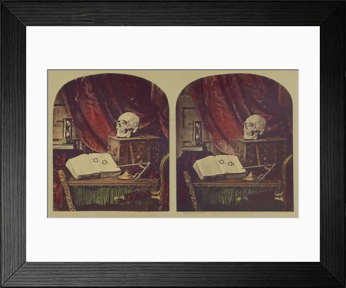 Framed Print : Old Mortality / Still life of Skull, Books, and Hourglass / Vanitas / The Sands of Time, about 1860. Creator: Thomas Richard Williams Framed Print : Old Mortality / Still life of Skull, Books, and Hourglass / Vanitas / The Sands of Time, about 1860. Creator: Thomas Richard Williams