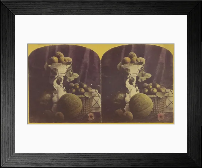 Framed Print : Basket and vase filled with fruit, cantalope at base, about 1865. Creator: Unknown Framed Print : Basket and vase filled with fruit, cantalope at base, about 1865. Creator: Unknown