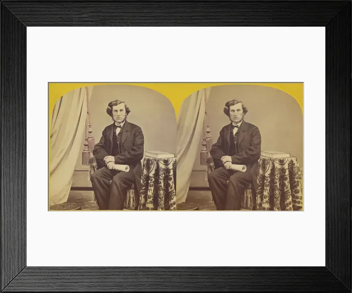 Framed Print : Unidentified man with muttonchops seated, holding a rolled paper, about 1860. Creator: Unknown
