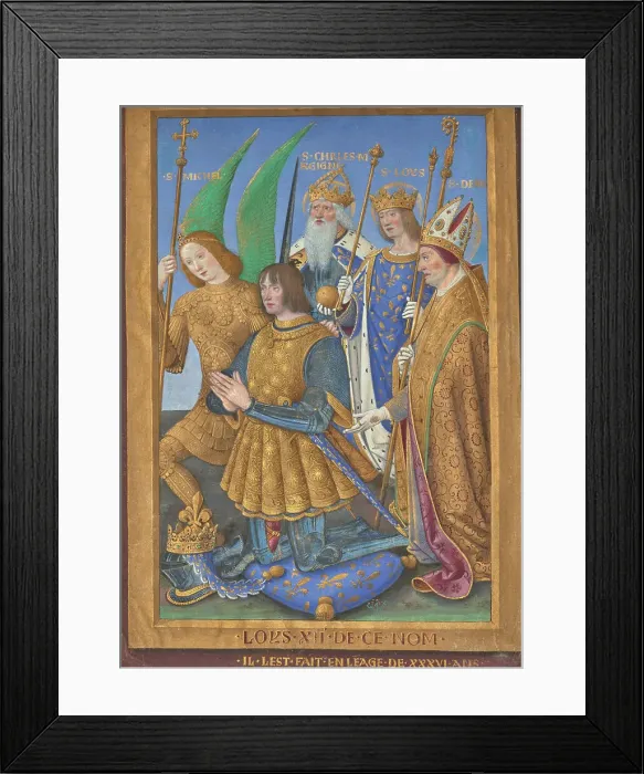 Framed Print : Louis XII Kneeling in Prayer Accompanied by Saint Michael, Saint Charlemagne... 1498 / 1499. Creator: Jean Bourdichon Framed Print : Louis XII Kneeling in Prayer Accompanied by Saint Michael, Saint Charlemagne... 1498 / 1499. Creator: Jean Bourdichon