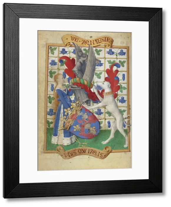 Framed Print : Coat of Arms Held by a Woman and a Greyhound; Hours of Simon de Varie, 1455. Creator: Jean Fouquet Framed Print : Coat of Arms Held by a Woman and a Greyhound; Hours of Simon de Varie, 1455. Creator: Jean Fouquet