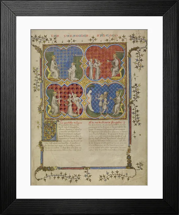 Framed Print : Solomon Teaching Rehoboam; The Judgment of Solomon; Solomon Testing the Legitimacy... about 1360-70 Creator: Master of Jean de Mandeville Framed Print : Solomon Teaching Rehoboam; The Judgment of Solomon; Solomon Testing the Legitimacy... about 1360-70 Creator: Master of Jean de Mandeville
