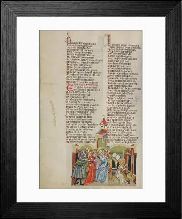 Framed Print : The Virgin Mary, Accompanied by Seven Virgins, Announces her Pregnancy to Joseph, about 1400-1410. Creator: Unknown Framed Print : The Virgin Mary, Accompanied by Seven Virgins, Announces her Pregnancy to Joseph, about 1400-1410. Creator: Unknown