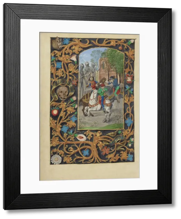 Framed Print : The Three Living and the Three Dead; Crohin-La Fontaine Hours, about 1480-1485 ?. Creator: Master of the Dresden Prayer Book Framed Print : The Three Living and the Three Dead; Crohin-La Fontaine Hours, about 1480-1485 ?. Creator: Master of the Dresden Prayer Book
