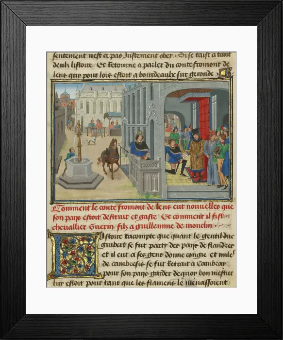 Framed Print : Fromont de Lens Receiving News of the Devastation of his Land, written 1463-65; illuminated 1467-72. Creators: Loyset Liedet, Pol Fruit Framed Print : Fromont de Lens Receiving News of the Devastation of his Land, written 1463-65; illuminated 1467-72. Creators: Loyset Liedet, Pol Fruit