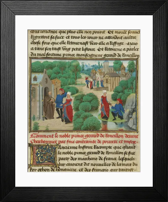 Framed Print : Gerard and Bertha Find Sustenance at a Hermitage, written 1463-1465; illuminated 1467-1472. Creators: Loyset Liedet, Pol Fruit Framed Print : Gerard and Bertha Find Sustenance at a Hermitage, written 1463-1465; illuminated 1467-1472. Creators: Loyset Liedet, Pol Fruit
