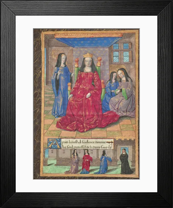 Framed Print : Anne of Brittany Enthroned and Accompanied by Her Ladies-in-Waiting, about 1493. Creator: Master of the Chronique Scandaleuse Framed Print : Anne of Brittany Enthroned and Accompanied by Her Ladies-in-Waiting, about 1493. Creator: Master of the Chronique Scandaleuse